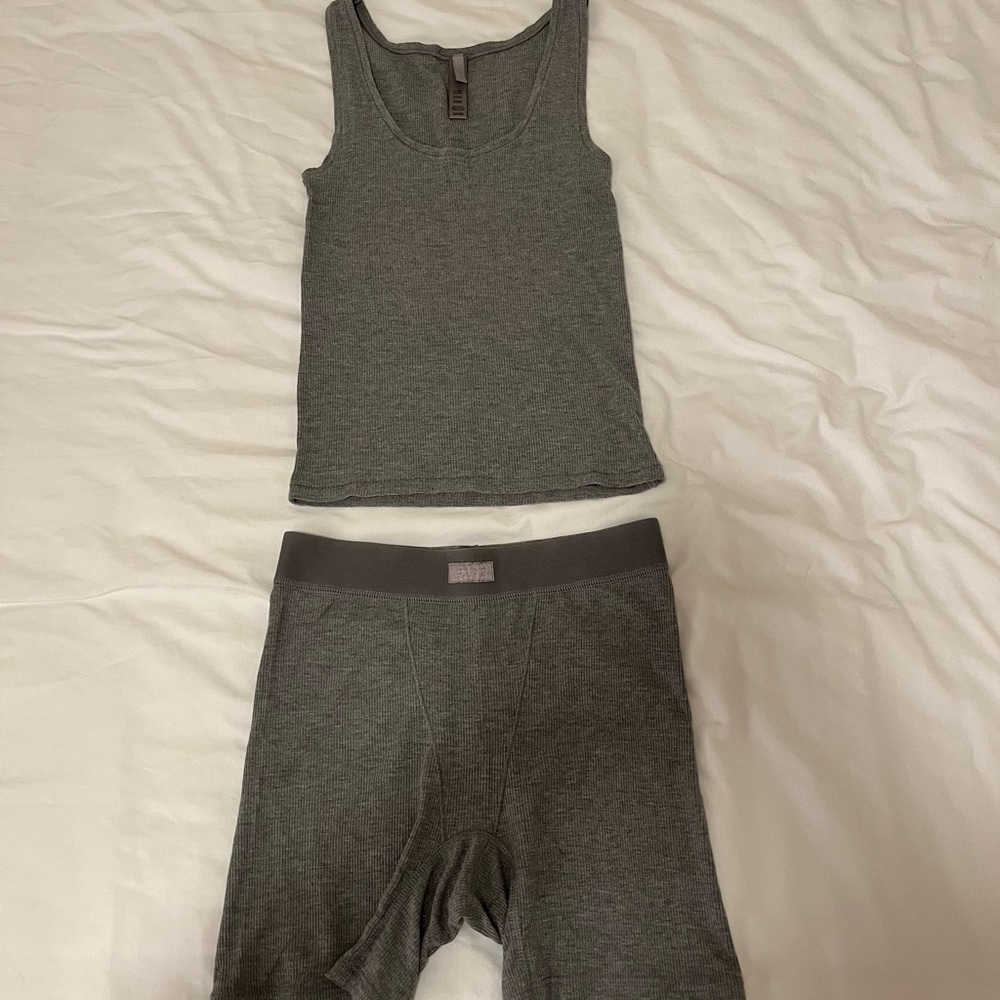 Skims Gray Cotton Rib Boxers & Tank Top Set